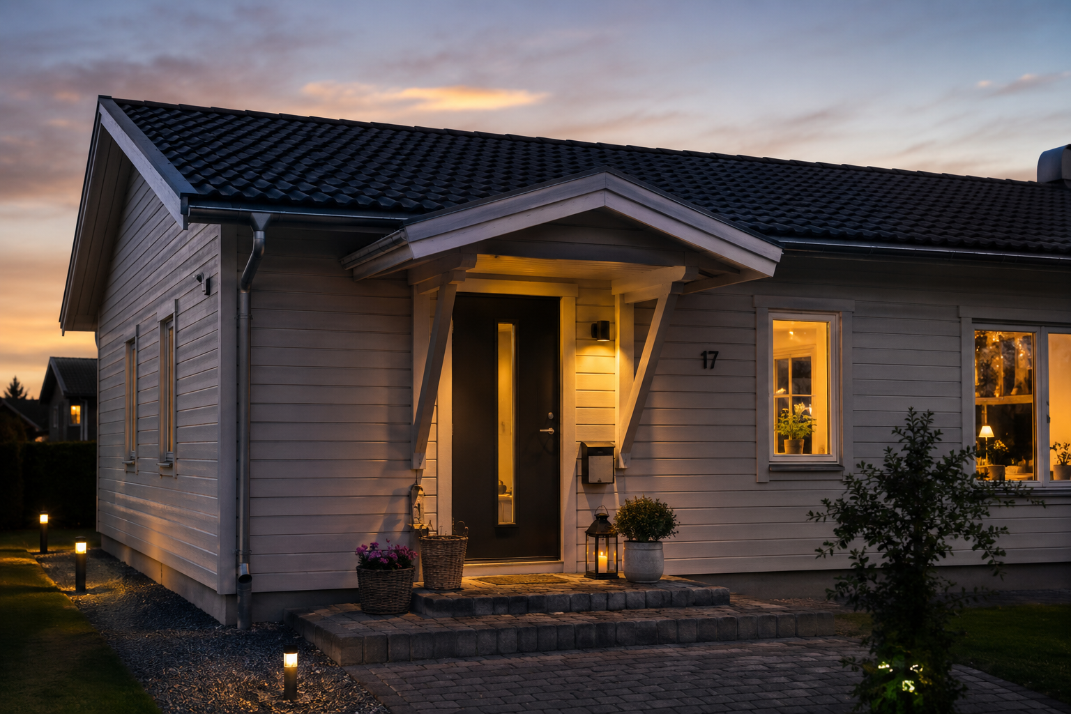 Skärmtak i trä på svensk villa i skymningsljus